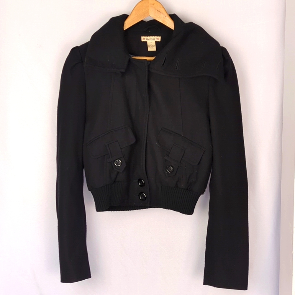 FOREVER 21 Y2K Women's Black Wool Cargo Crop Jacket Medium